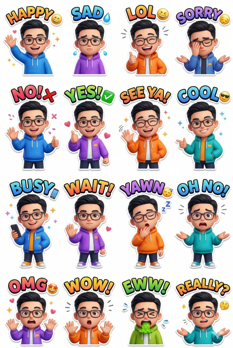 AI generated digital illustration of sixteen expressive cartoon stickers featuring a young man with glasses in various poses and emotional states.