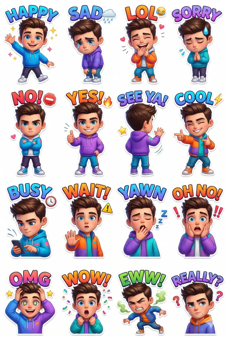 Cartoon Boy Sticker Pack Prompt. AI generated digital illustration of a young boy in colorful hoodies displaying sixteen different emotional expressions and reactions in a sticker format.