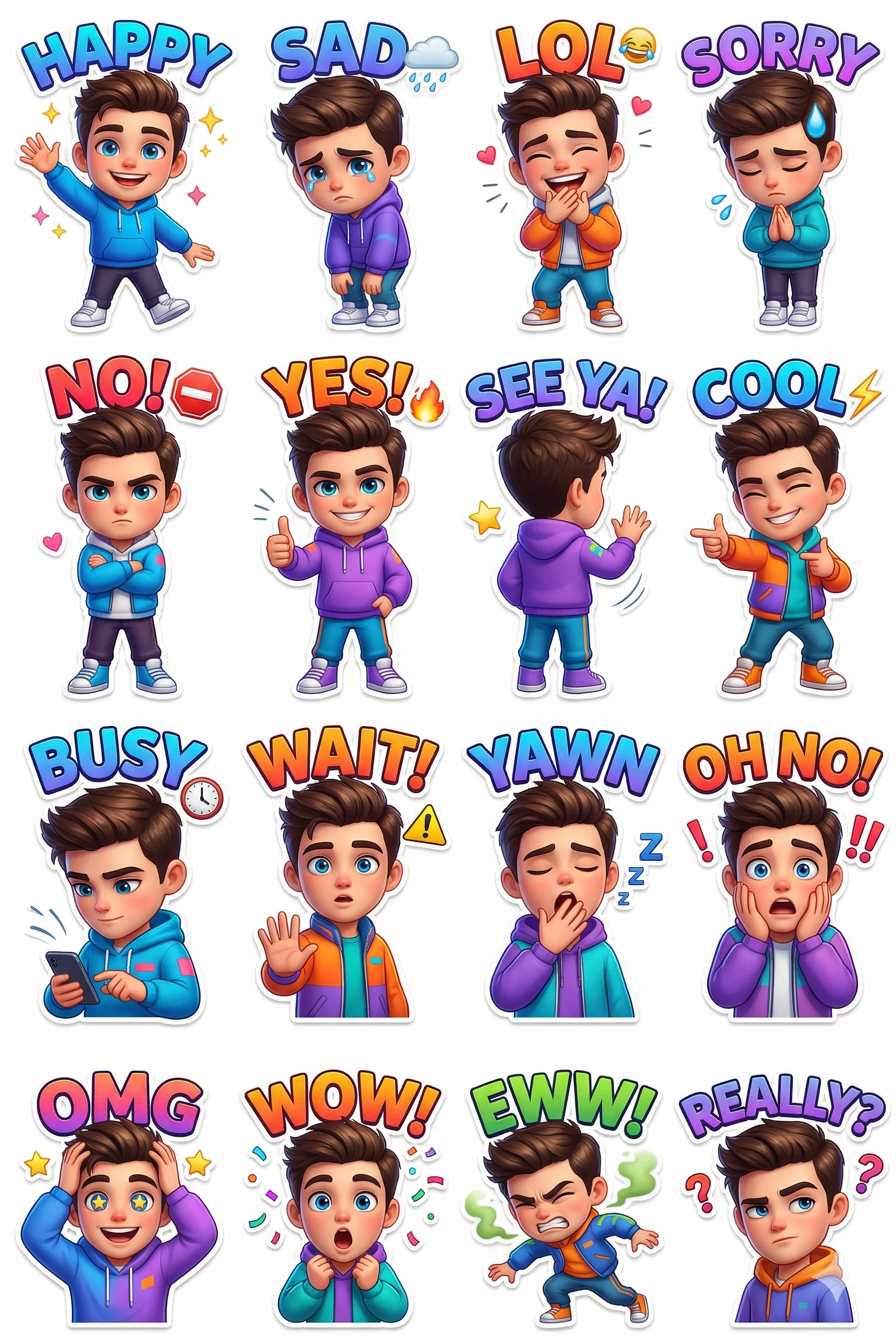 Cartoon Boy Sticker Pack Prompt. AI generated digital illustration of a young boy in colorful hoodies displaying sixteen different emotional expressions and reactions in a sticker format.