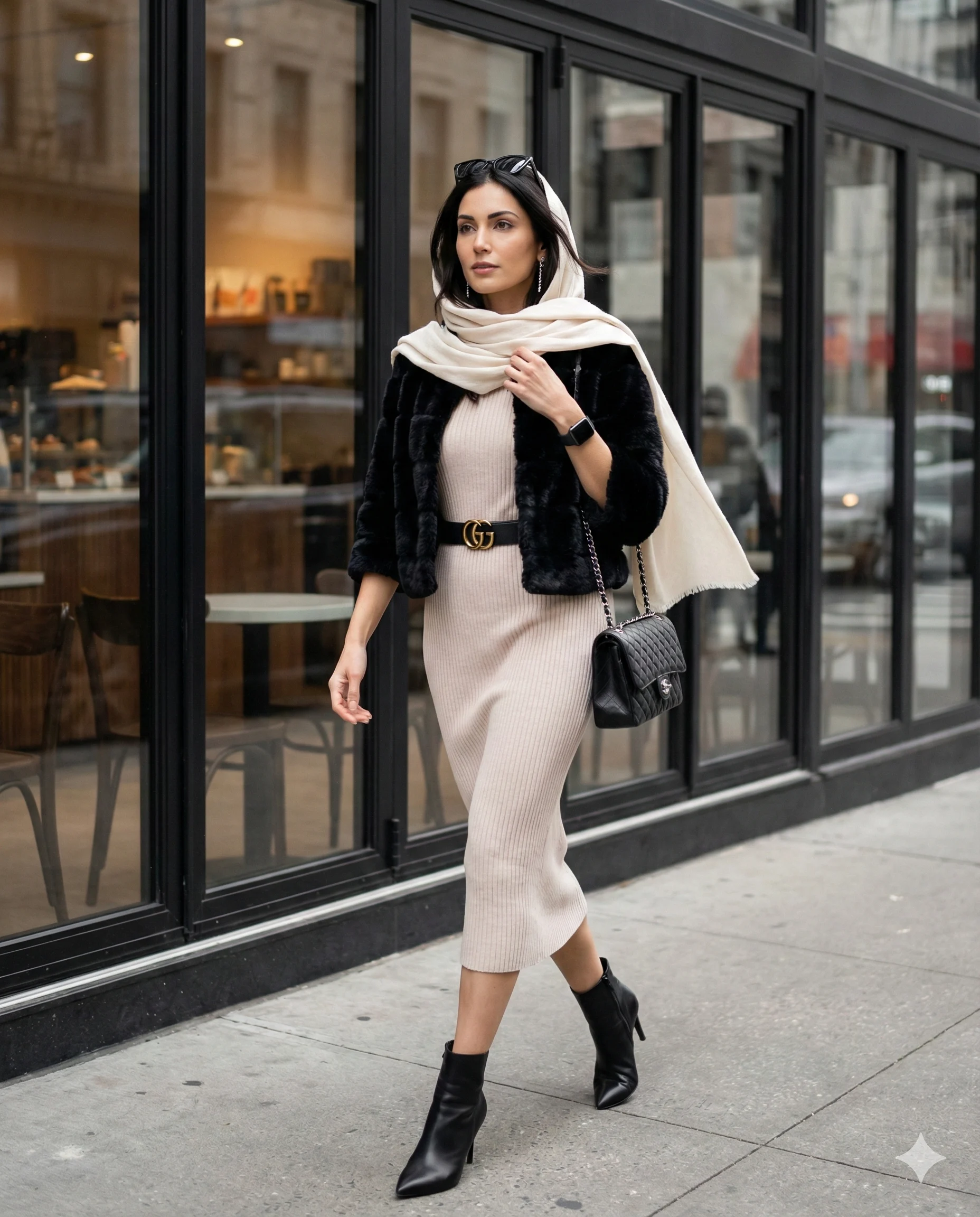 Chic woman in a beige midi dress, black fur jacket, and cream headscarf walks past a city storefront, styled with a luxury belt and quilted handbag.