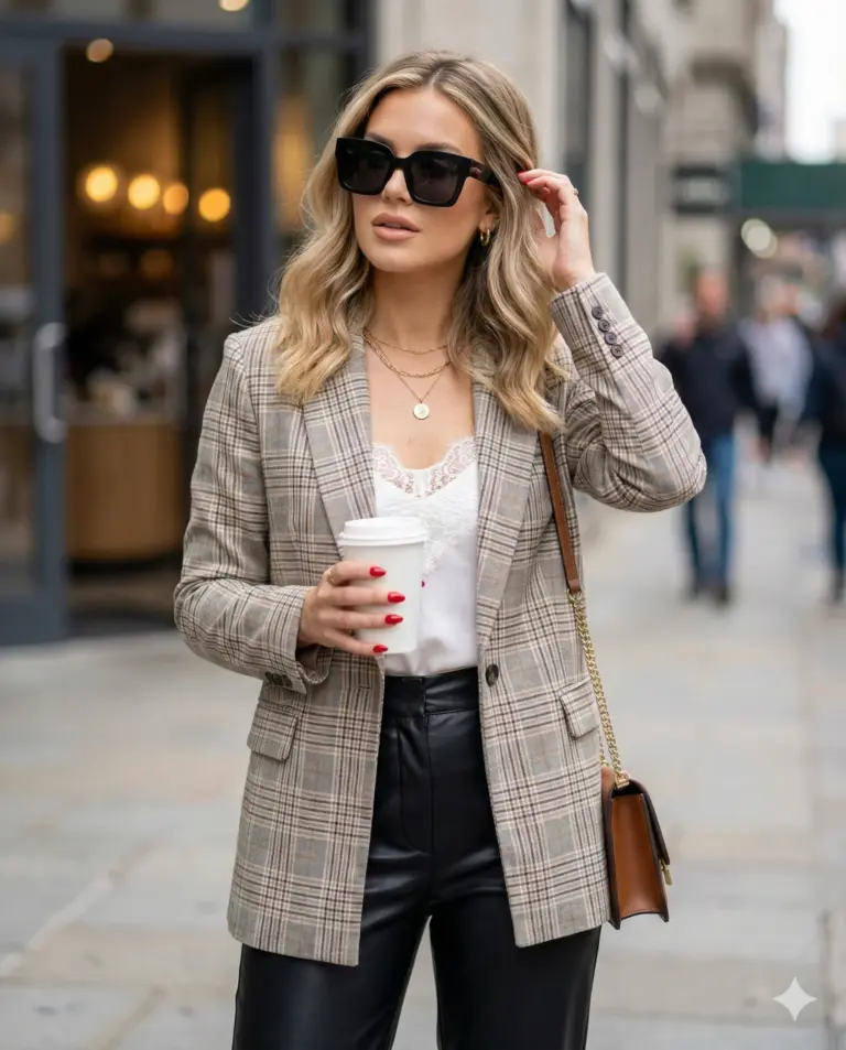 Woman Plaid Blazer Leather Pants AI Photo Editing Prompt. AI generated street style portrait of a blonde woman wearing a checkered blazer, lace top, and black leather trousers while holding a coffee cup on a city street.