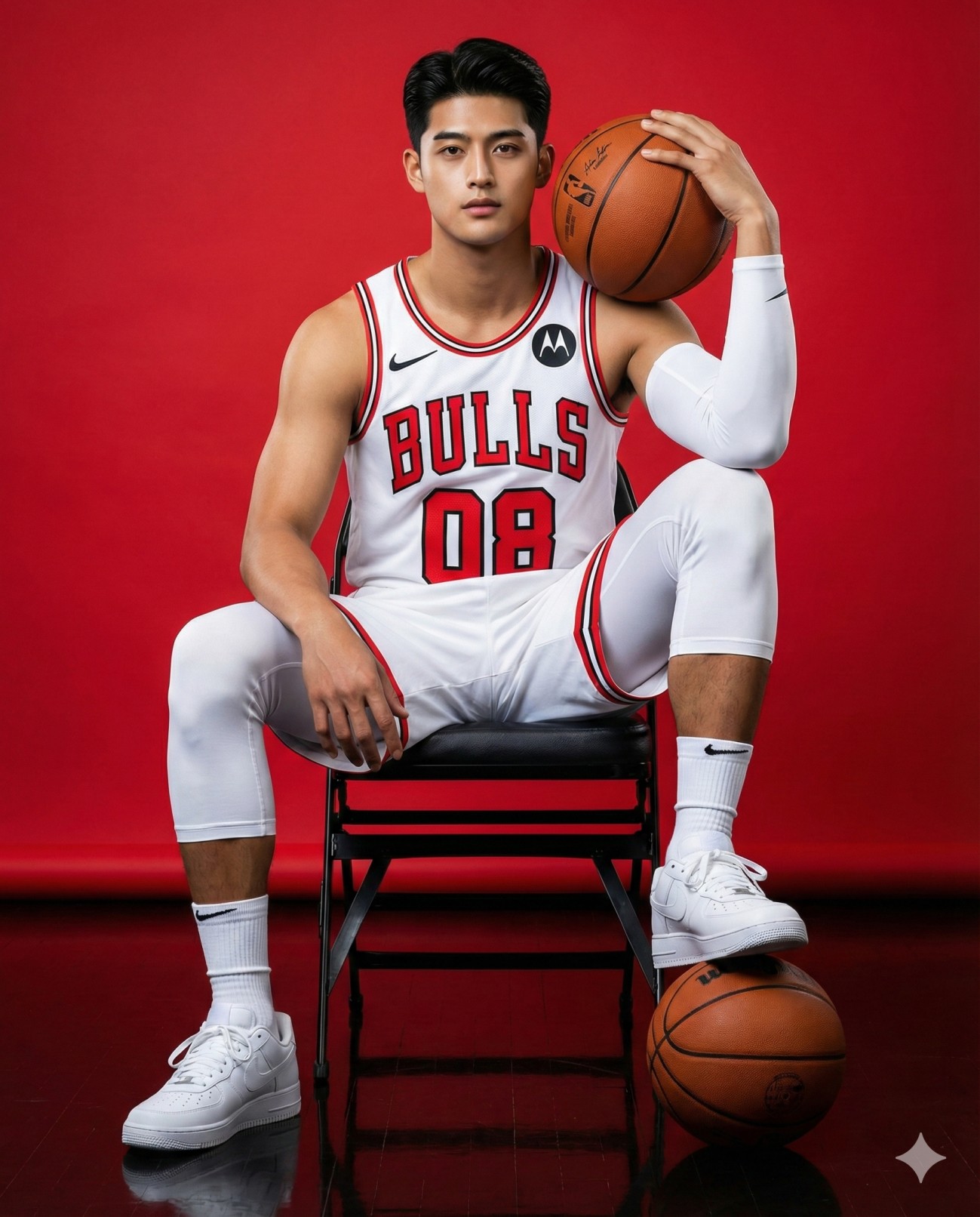 A young man in a white Chicago Bulls jersey sits on a chair against a red backdrop, holding one basketball and resting his foot on another. He wears white sneakers and athletic gear.