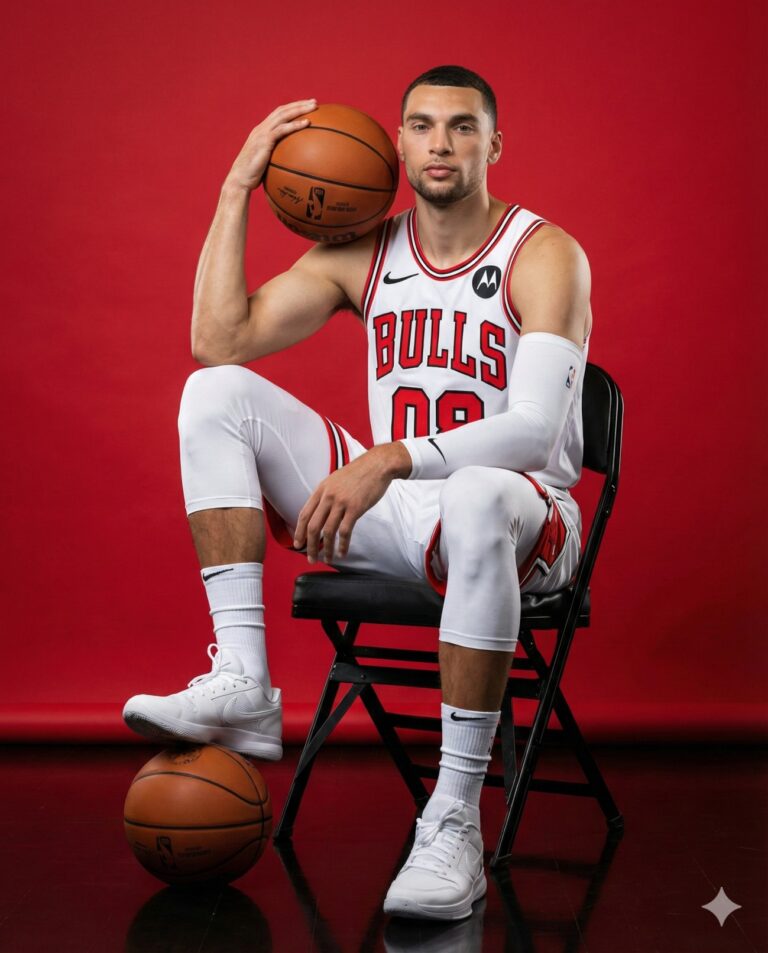 Professional portrait of a Chicago Bulls player in white gear sitting against a red backdrop, holding a basketball on his shoulder with one foot on another ball.