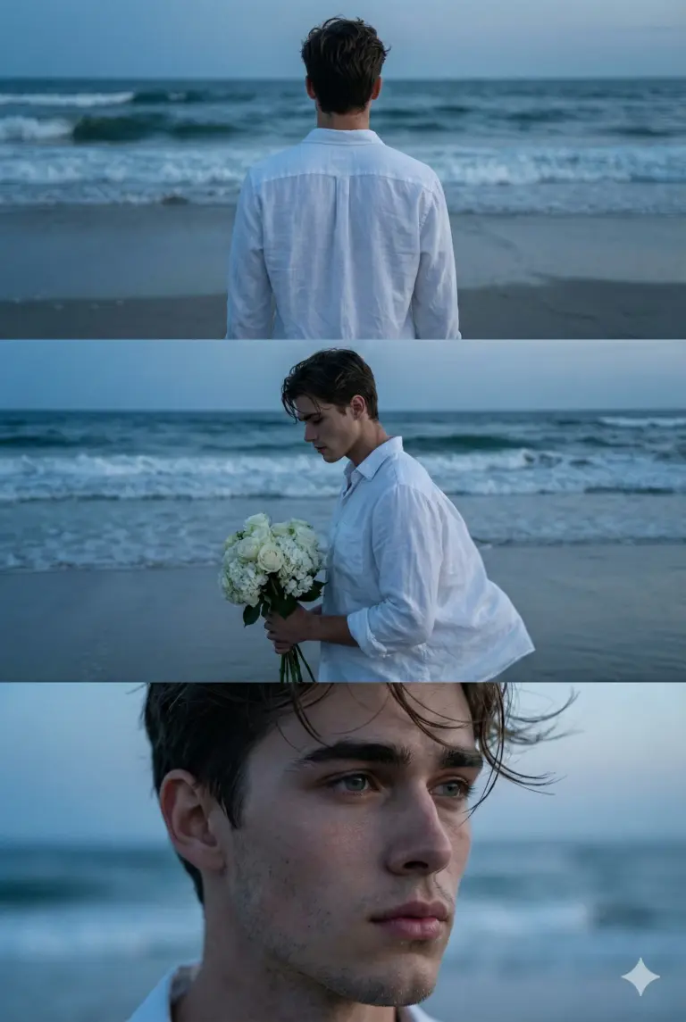 Man with Flowers on Moody Beach AI Photo Editing Prompt. AI generated cinematic portrait collage of a young man in a white linen shirt holding a white bouquet against a blue hour ocean backdrop.