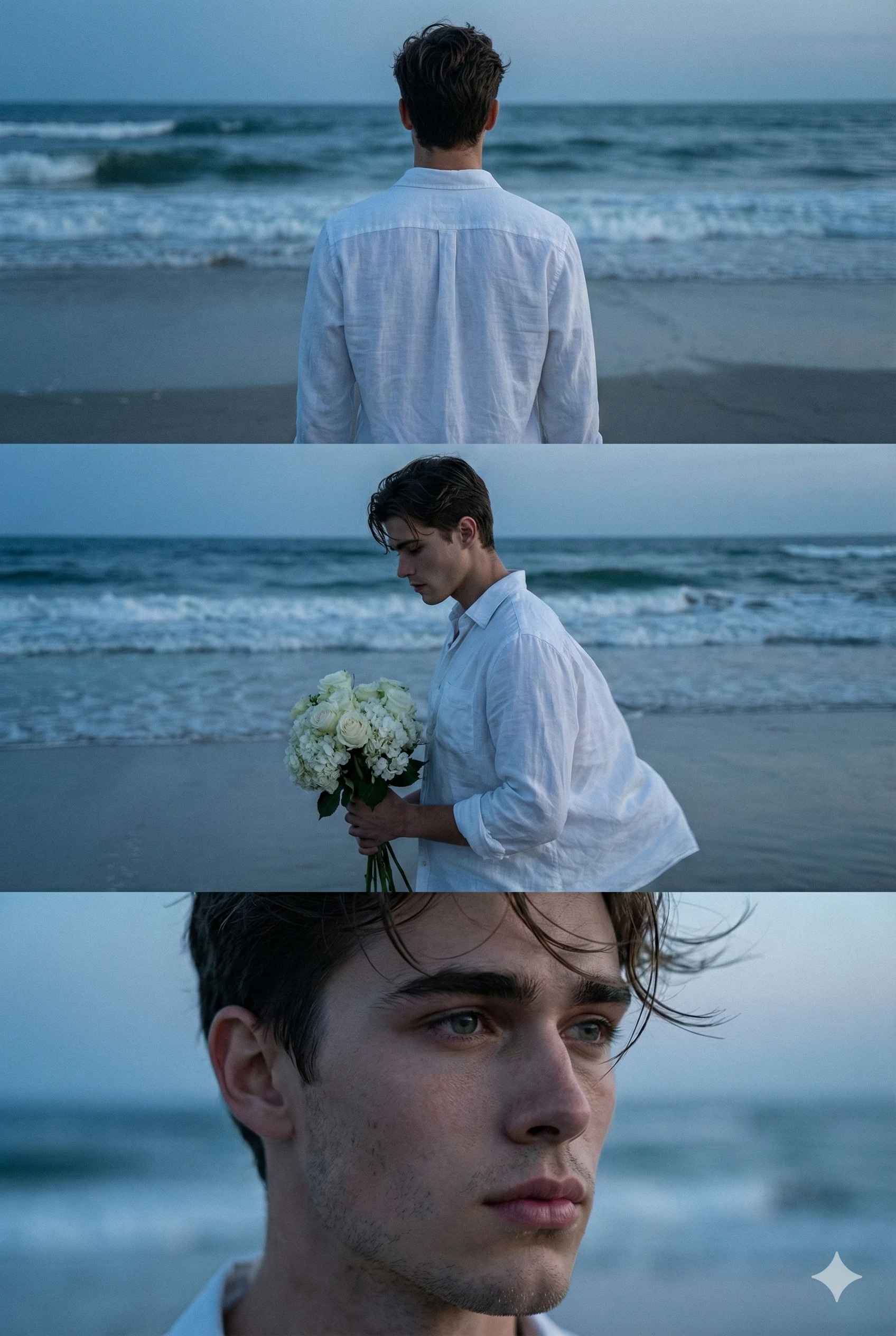 Man with Flowers on Moody Beach AI Photo Editing Prompt. AI generated cinematic portrait collage of a young man in a white linen shirt holding a white bouquet against a blue hour ocean backdrop.