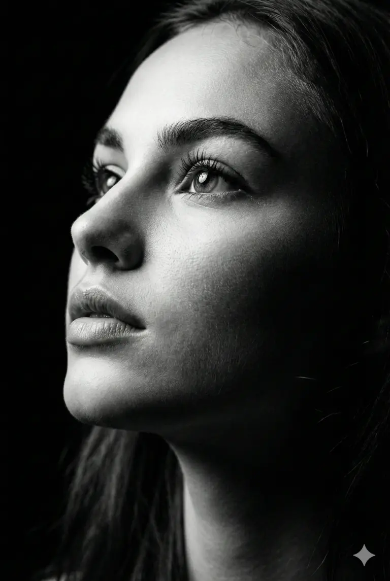 Dramatic Close-up Woman Portrait AI Photo Editing Prompt. AI generated cinematic black and white portrait of a young woman gazing upwards with high-contrast lighting.