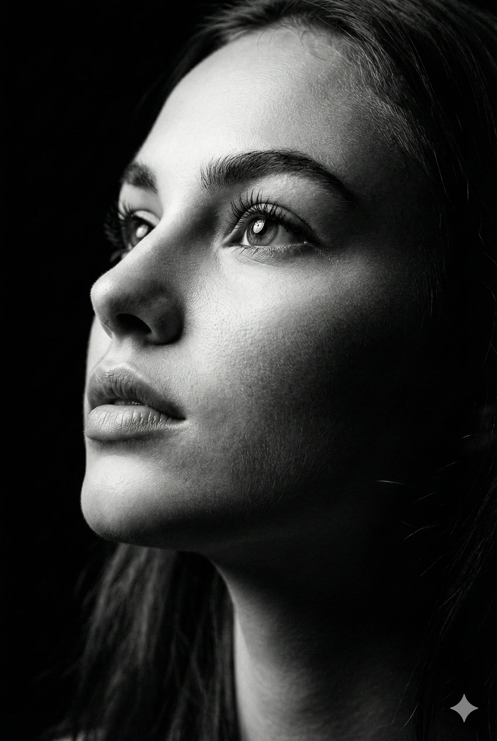 Dramatic Close-up Woman Portrait AI Photo Editing Prompt. AI generated cinematic black and white portrait of a young woman gazing upwards with high-contrast lighting.