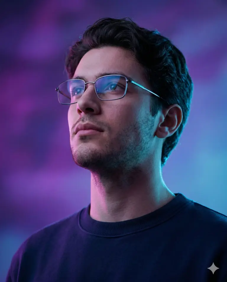 Man in Neon Lighting AI Photo Editing Prompt. AI generated studio portrait of a young man with glasses and wavy hair illuminated by vibrant purple and blue cinematic light.