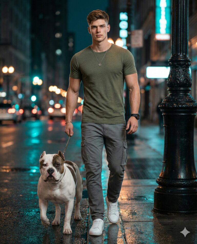 Cinematic night photo of a fit man in a green tee walking a muscular dog on a wet urban street with vibrant bokeh lights.