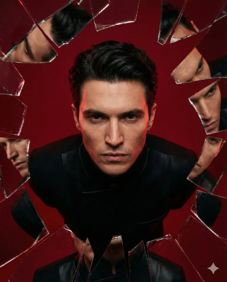Man with Broken Glass Reflections AI Photo Editing Prompt. AI generated cinematic studio portrait of a man in black attire surrounded by shattered mirror fragments on a deep red backdrop.