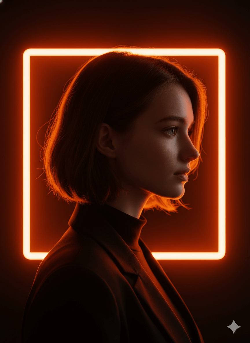 Cinematic profile of a woman framed by a glowing orange neon square, featuring dramatic warm rim lighting against a dark background.