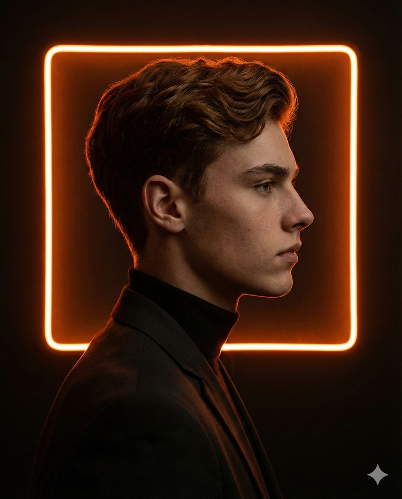 Cinematic side profile of a young man in a black suit, framed by a glowing orange neon square against a dark background.