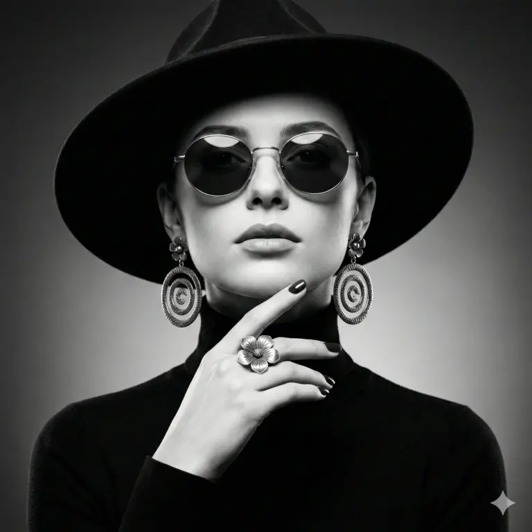 Elegant B&W portrait of a woman in a wide-brimmed hat, round sunglasses, and floral spiral earrings. A classic, high-fashion aesthetic with cinematic lighting.