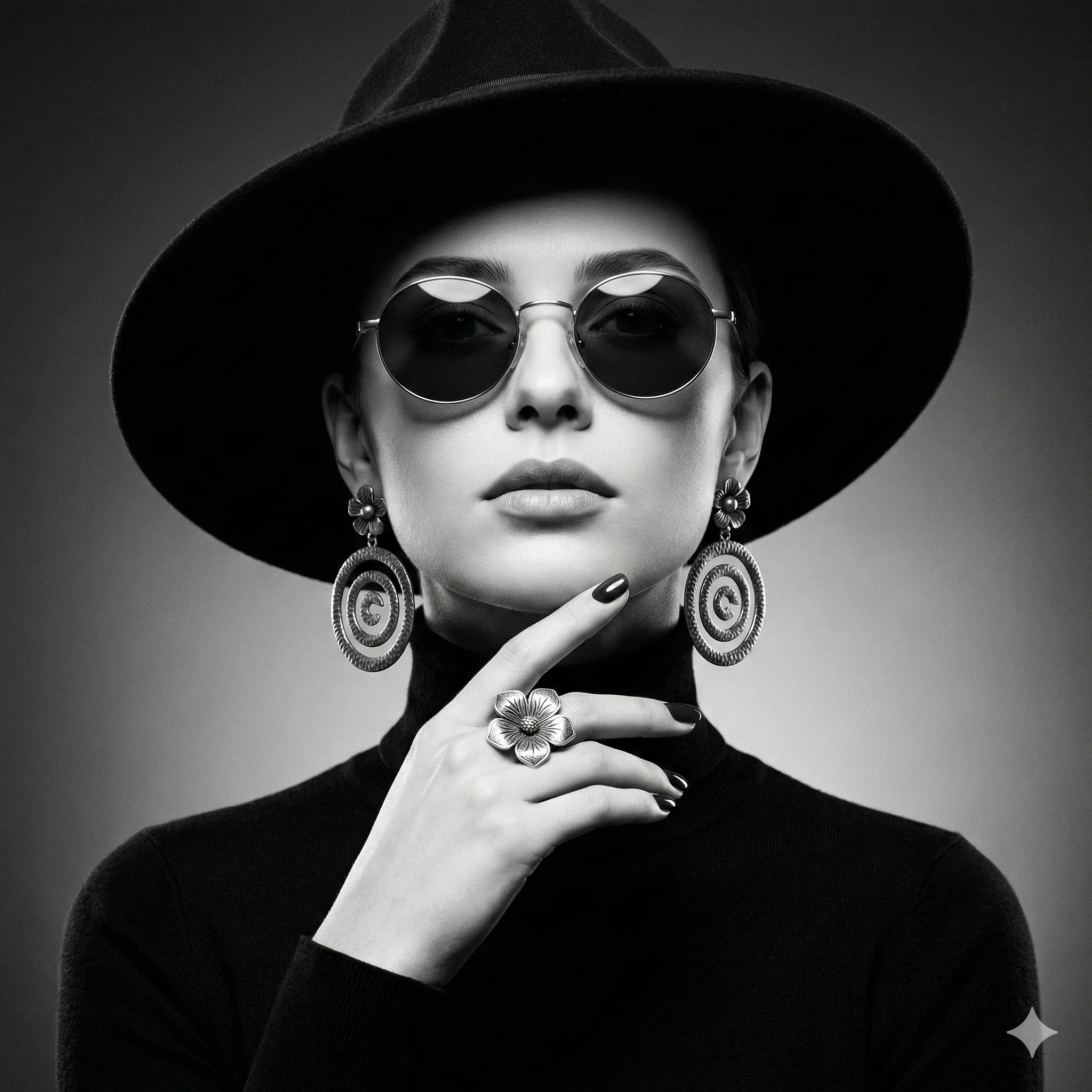 Elegant B&W portrait of a woman in a wide-brimmed hat, round sunglasses, and floral spiral earrings. A classic, high-fashion aesthetic with cinematic lighting.