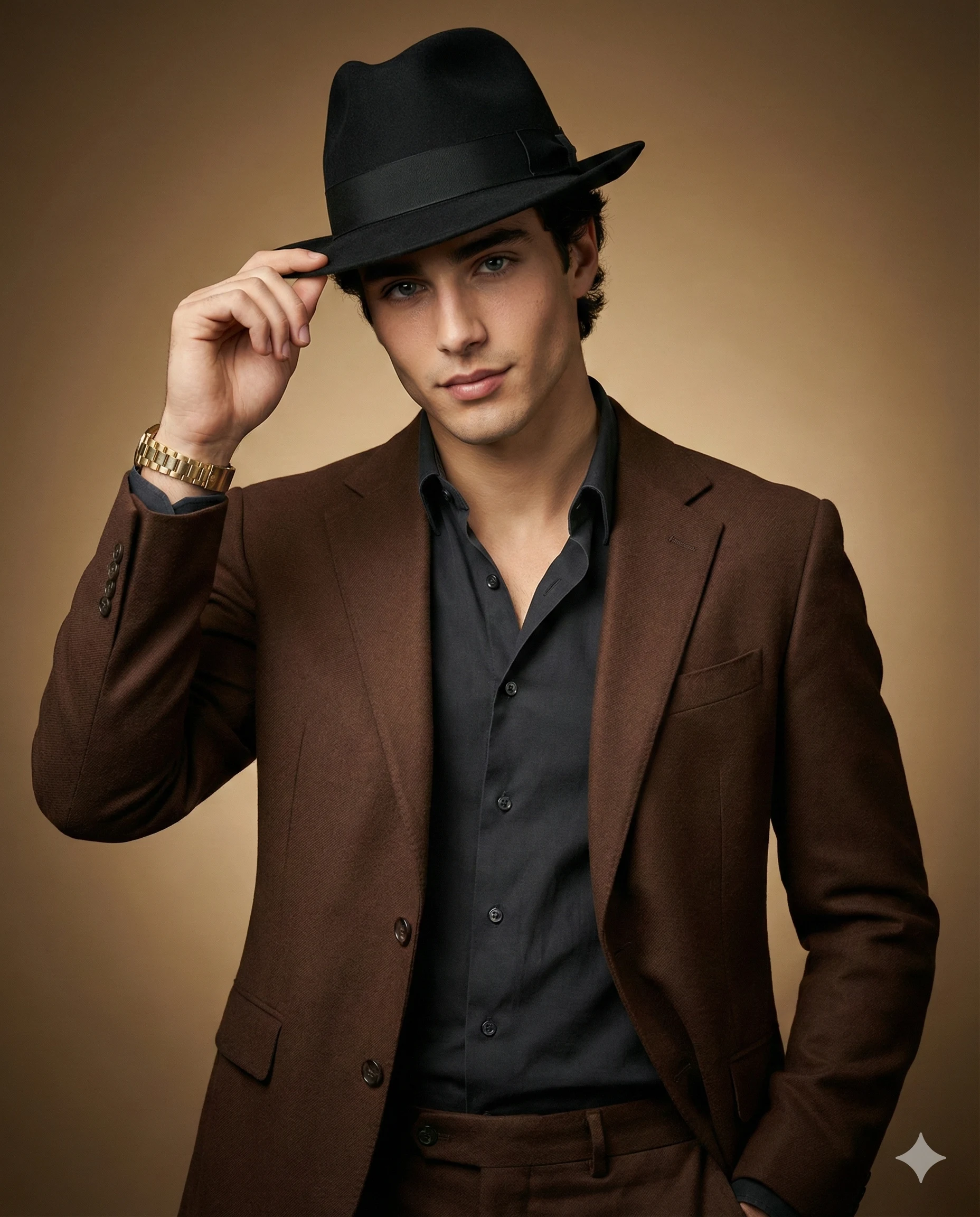 Gemini said A sharp portrait of a man tipping a black fedora, dressed in a brown blazer and gold watch. High-fashion cinematic style against a warm, neutral background.