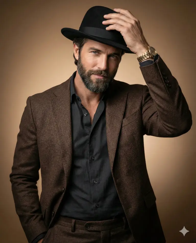A bearded man in a brown textured suit and black fedora adjusts his hat, revealing a gold watch. Cinematic high-fashion portrait with warm studio lighting and a tan backdrop.