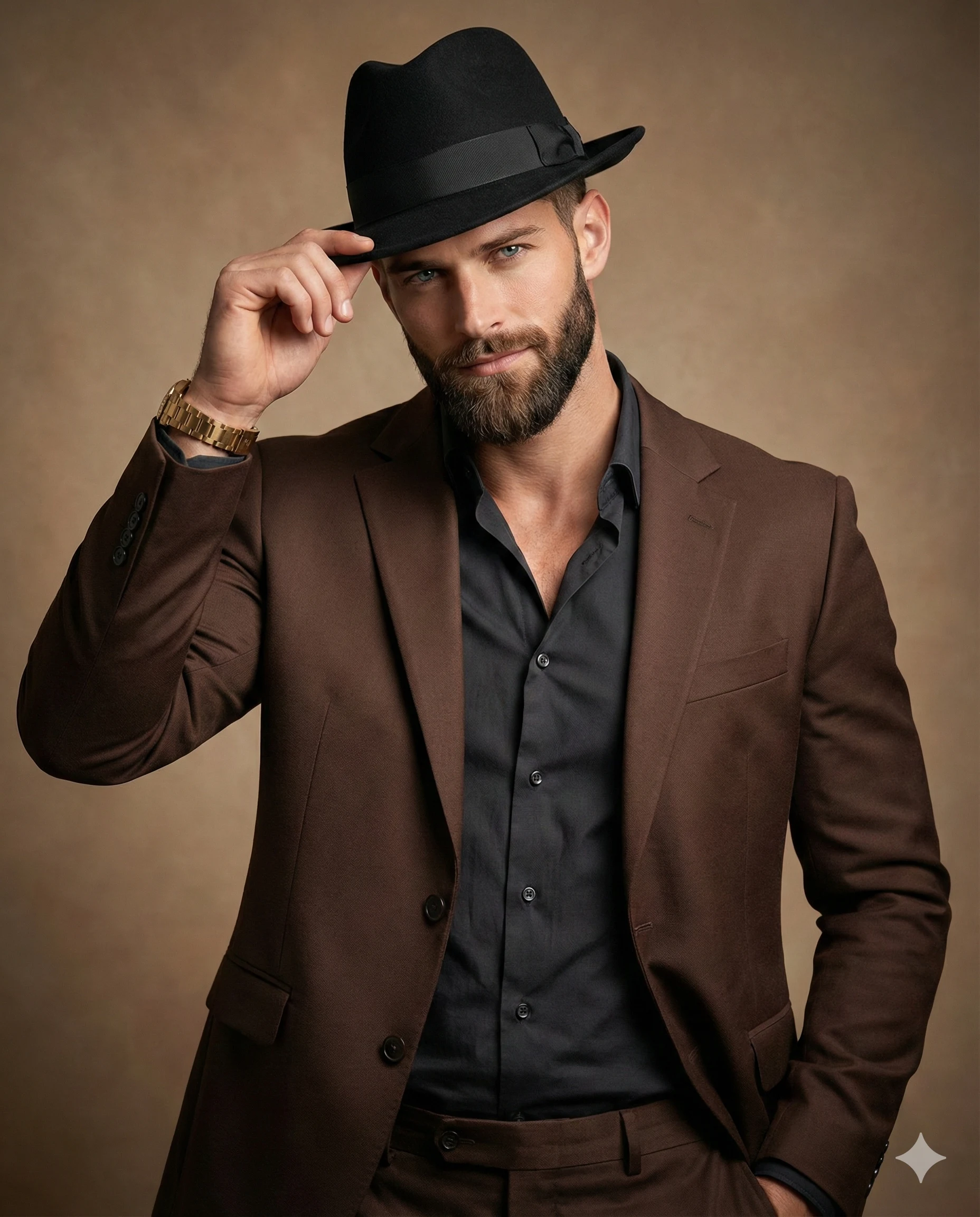 Man with a beard in a brown suit and black fedora, tipping his hat. Includes a gold watch and a neutral background. Sharp, formal aesthetic.