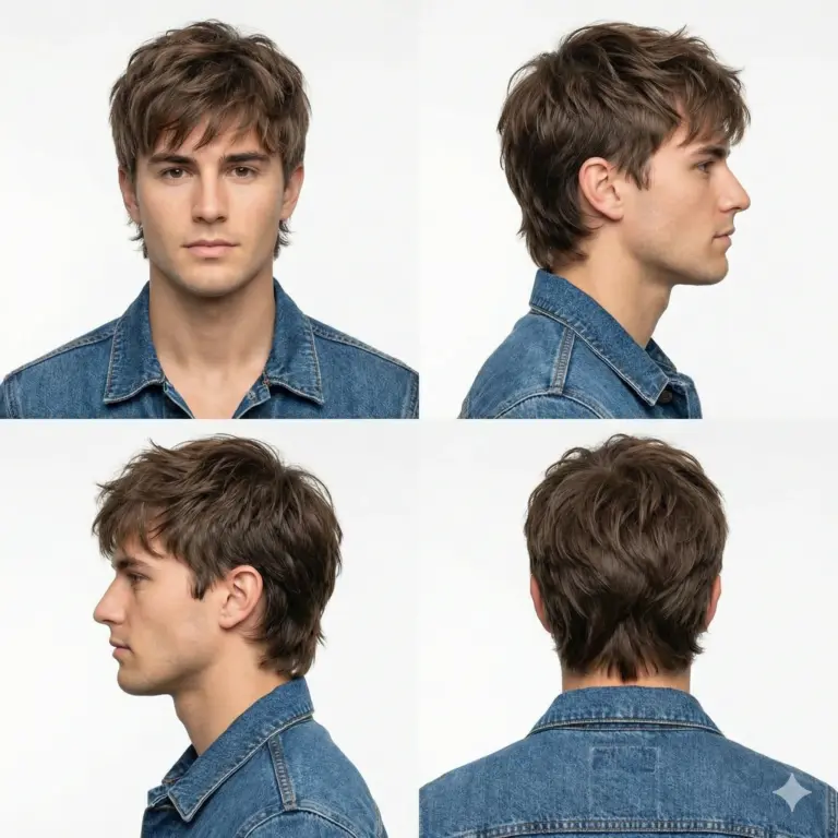 A 4-panel grid displaying a man’s messy brown wolf cut from front, side, and back angles. He’s wearing a blue denim jacket against a stark white background.