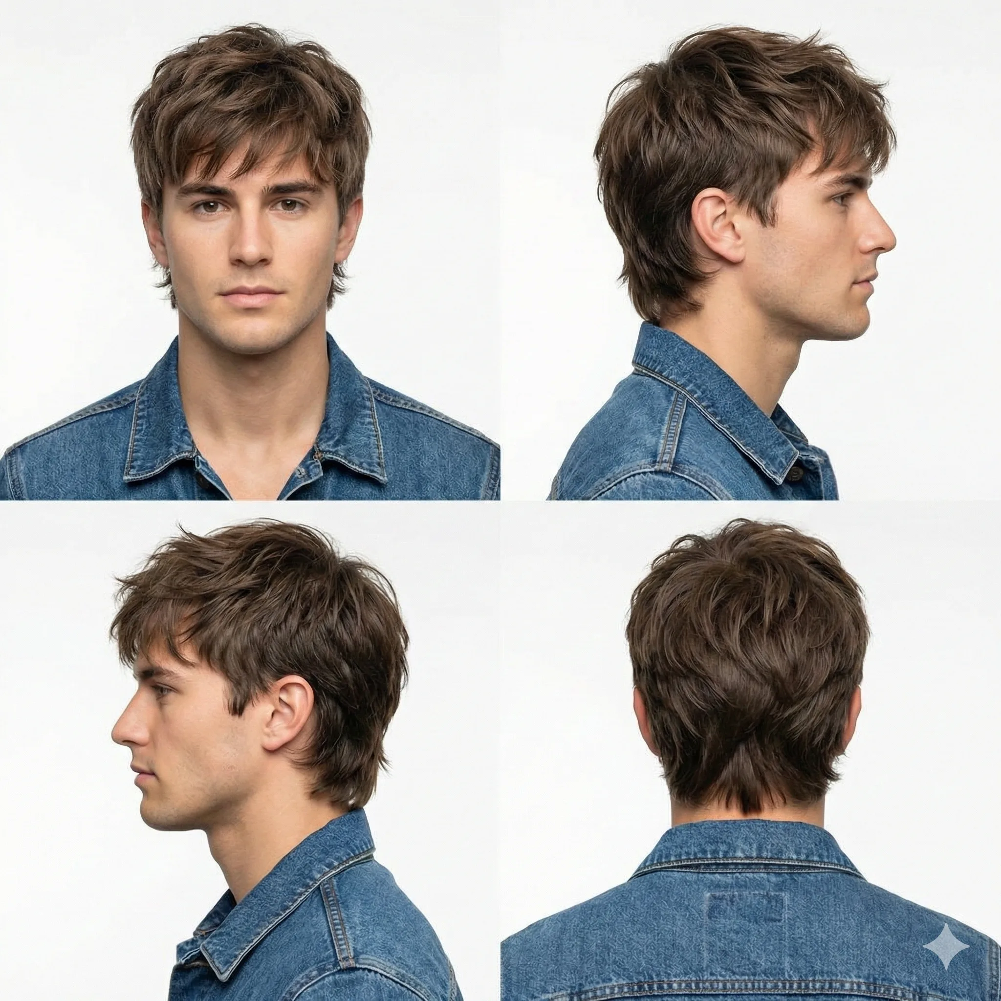 A 4-panel grid displaying a man’s messy brown wolf cut from front, side, and back angles. He’s wearing a blue denim jacket against a stark white background.