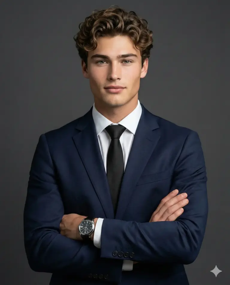 Prompt Gemini: A confident young man in a navy blue...