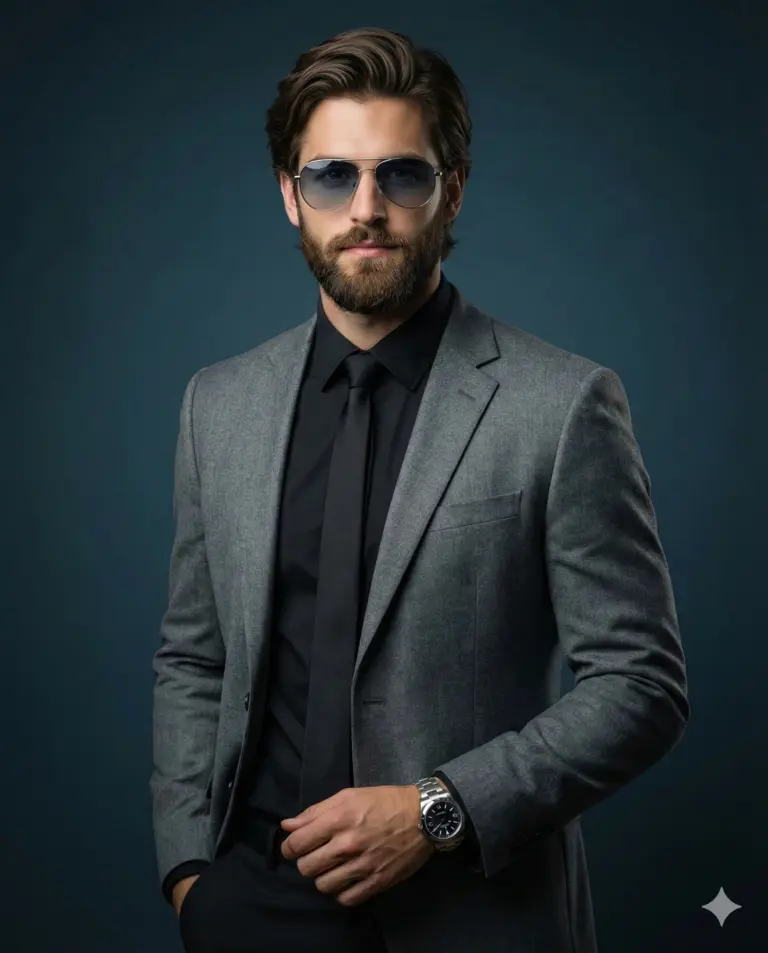 Sharp, confident man in a grey suit and black tie, sporting blue-tinted aviators and a silver watch. He poses against a dark teal backdrop, radiating a modern, high-end executive vibe.