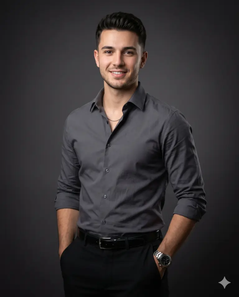 Smiling Man in Grey Shirt AI Photo Editing Prompt. AI generated studio portrait of a smiling man in a charcoal grey shirt and black trousers.