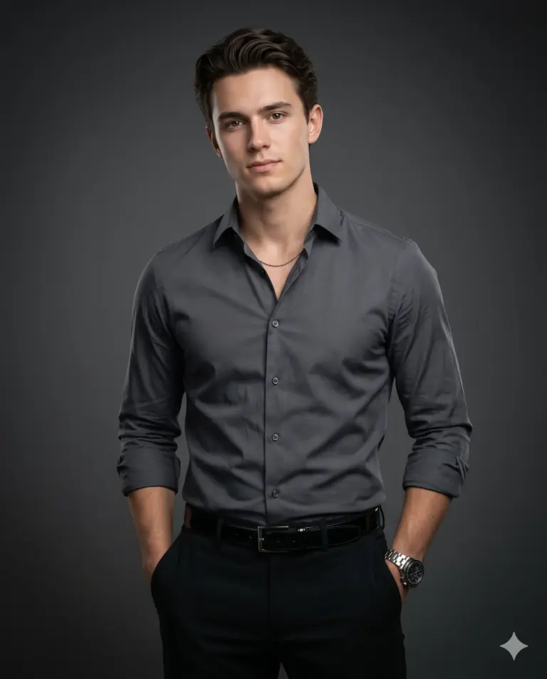 Man in Grey Button-Down Shirt AI Photo Editing Prompt. AI generated studio portrait of a young man with styled dark hair, wearing a charcoal grey button-down shirt and black trousers, posing with hands in pockets.