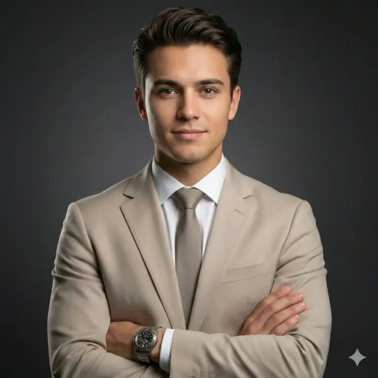 A sharp, professional portrait of a man in a beige suit and tie, arms crossed, looking ready to lead against a sleek, dark studio background.