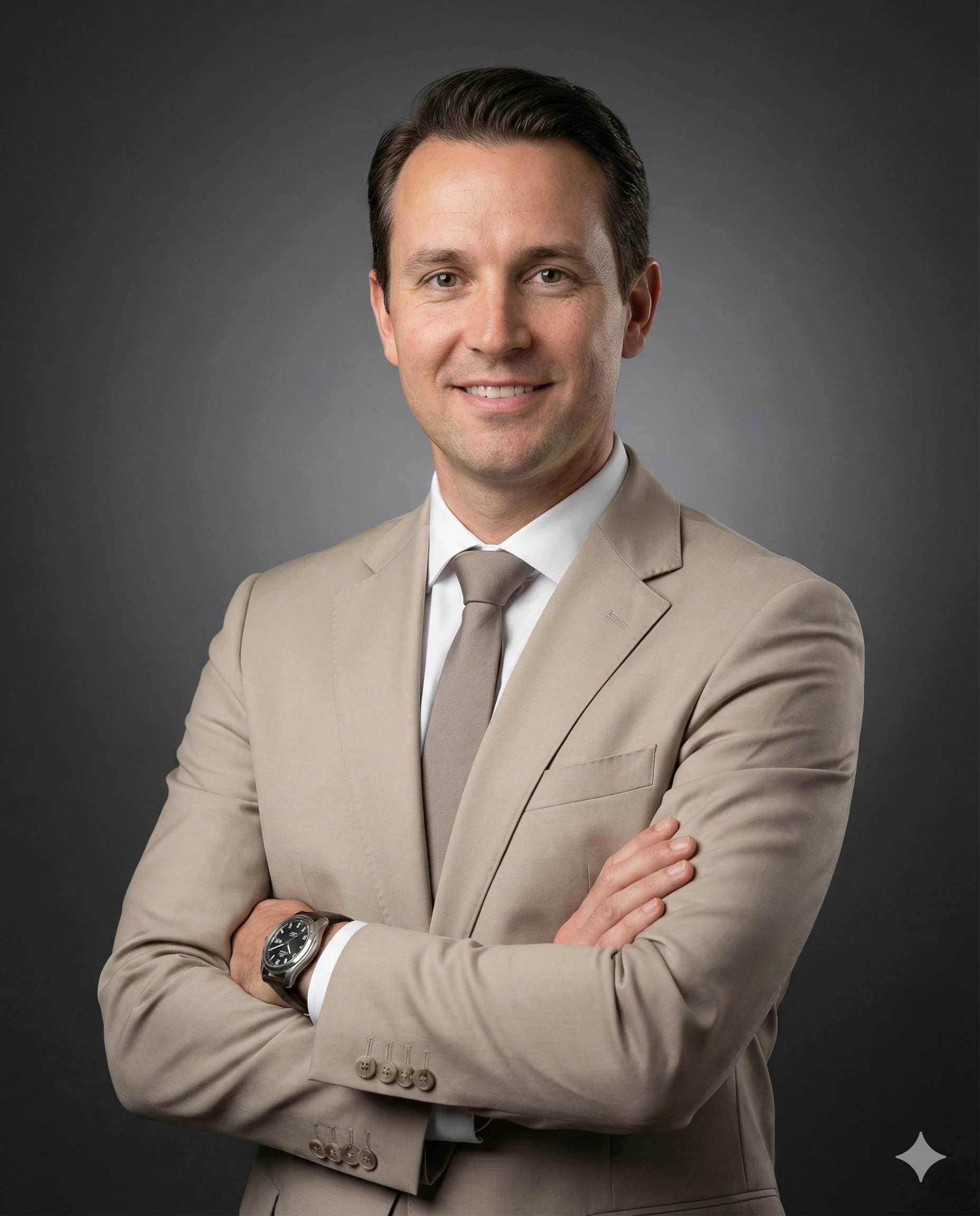 Professional portrait of a smiling man in a beige suit and tie, arms crossed against a dark grey background.