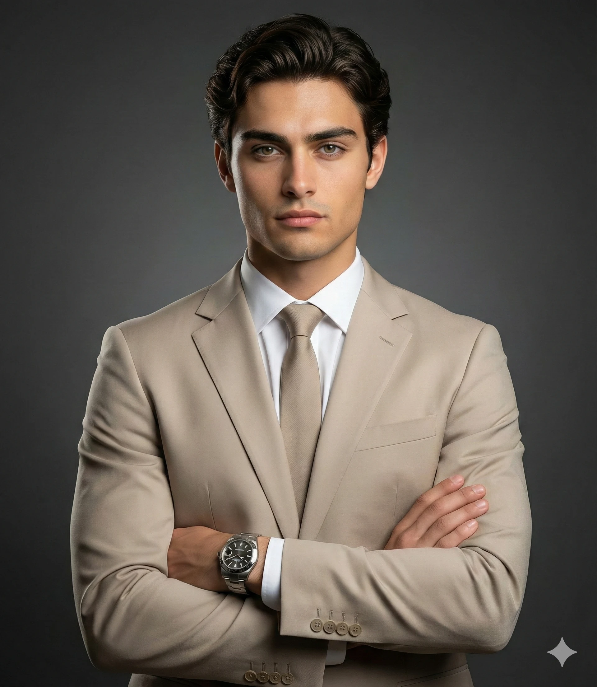 Gemini said A sharp executive portrait of a man in a beige suit and silver watch, posing with arms crossed against a dark grey backdrop.