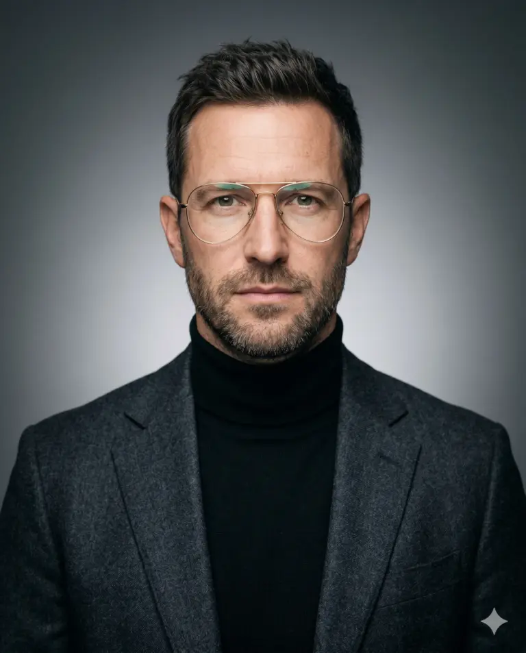 AI generated studio portrait of a corporate man wearing wire-frame glasses, a black turtleneck, and a textured grey blazer against a neutral gradient background.