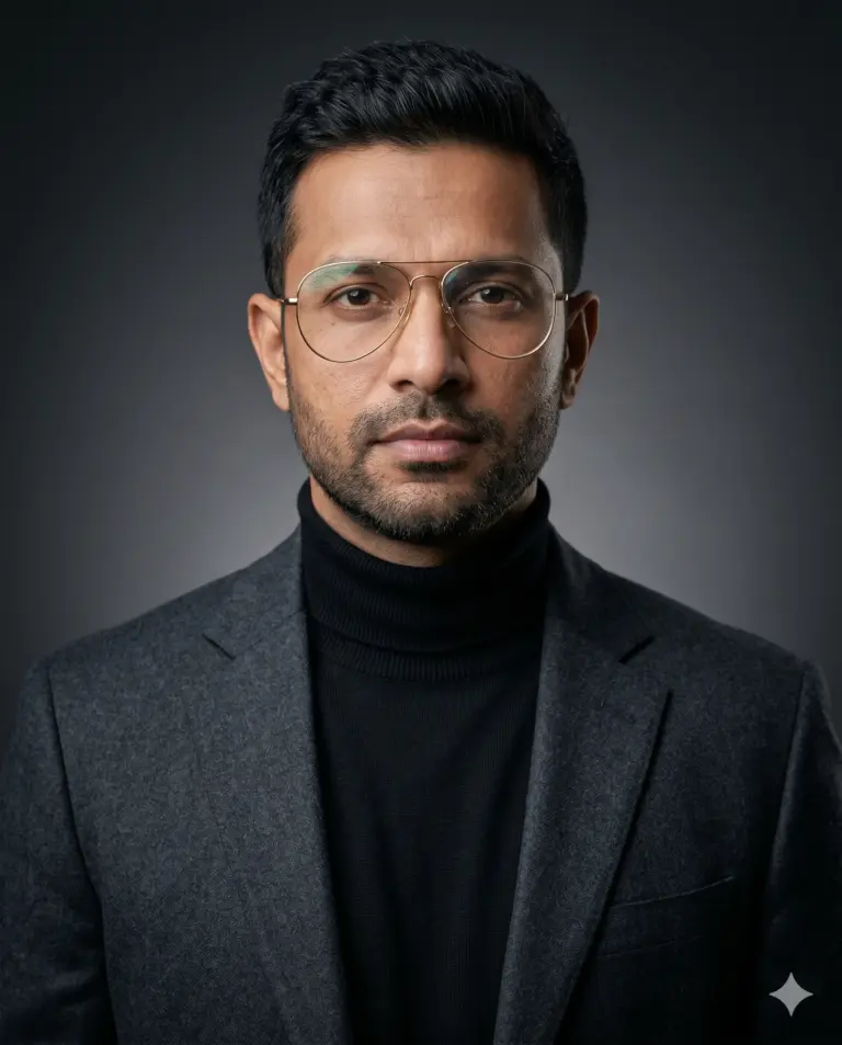 Man in Grey Blazer AI Photo Editing Prompt. AI generated studio portrait of a man with glasses and stubble wearing a black turtleneck and charcoal grey blazer.