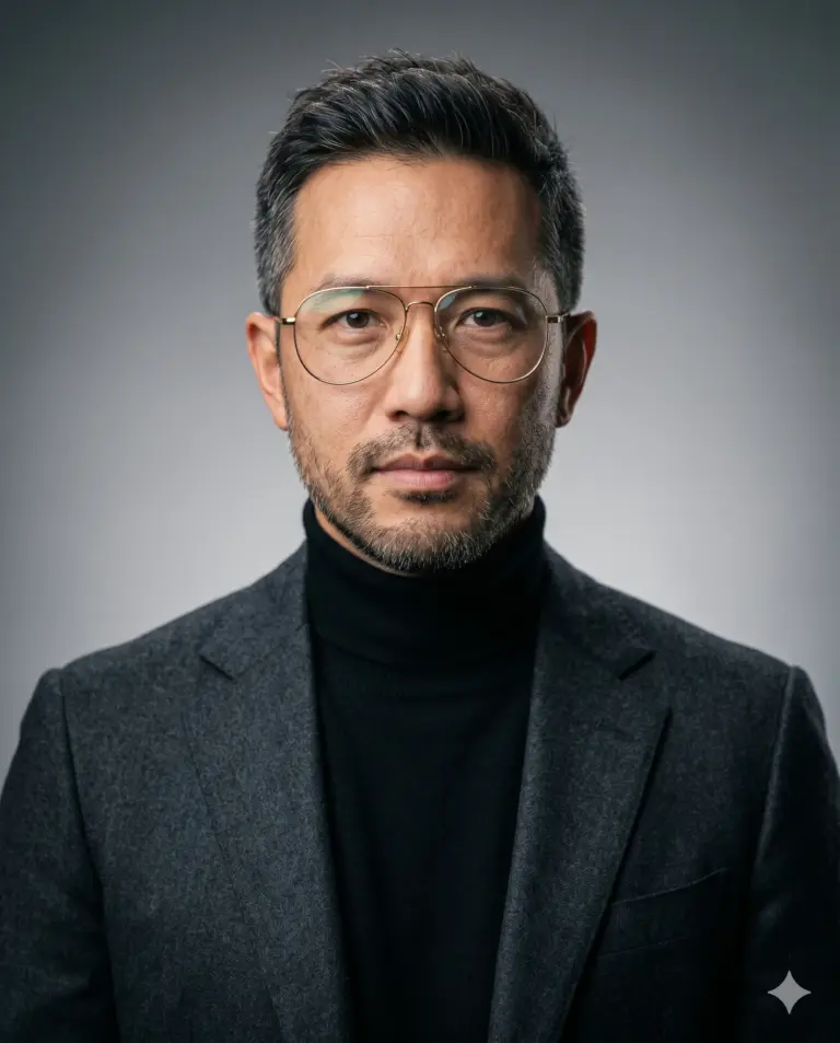 Corporate Man with Glasses AI Photo Editing Prompt. AI generated studio portrait of a bearded man wearing wire-rimmed glasses, a black turtleneck, and a dark grey blazer.