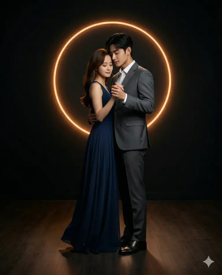 AI generated cinematic portrait of an elegant couple in formal attire dancing intimately in front of a glowing orange neon circle against a dark background.