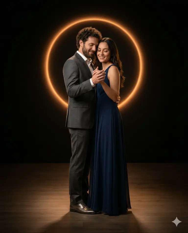 Dancing Couple Under Glowing Ring Prompt. AI generated cinematic portrait of a smiling couple in elegant attire dancing romantically in front of a glowing circular light.