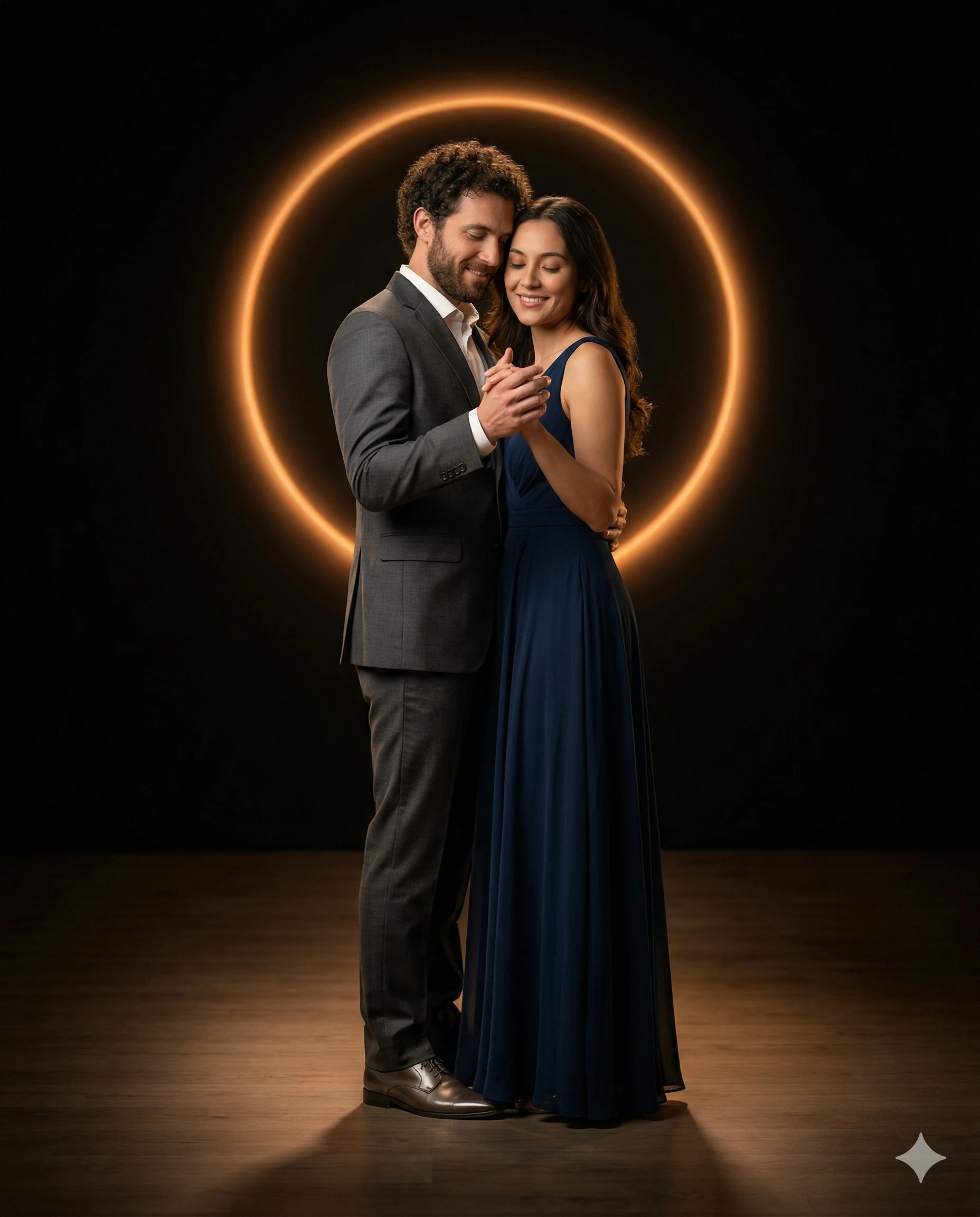 Dancing Couple Under Glowing Ring Prompt. AI generated cinematic portrait of a smiling couple in elegant attire dancing romantically in front of a glowing circular light.