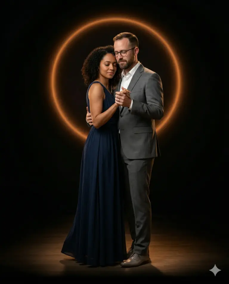 Elegant Couple Dancing with Halo Light AI Photo Editing Prompt. AI generated cinematic portrait of a woman in a navy gown and a man in a gray suit dancing gracefully in front of a glowing orange circular ring.