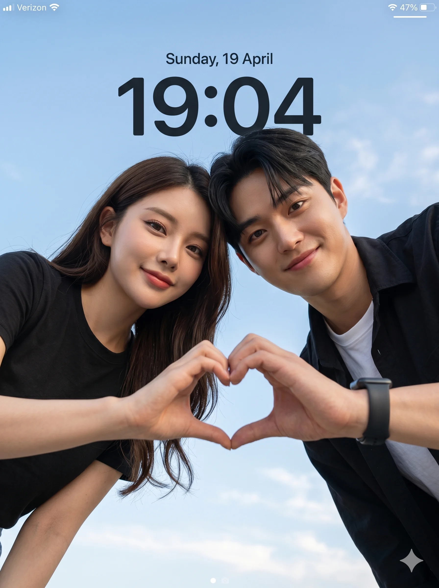 Young Couple Making Heart Sign AI Photo Editing Prompt. AI generated cinematic portrait of a man and woman looking down at the camera while forming a heart gesture against a clear blue sky.
