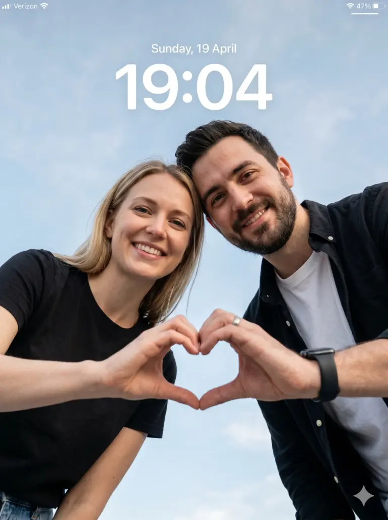 Couple heart hand gesture lock screen AI Photo Editing Prompt. AI generated digital photograph of a smiling couple forming a heart with their hands from a low angle, overlaid by a lock screen