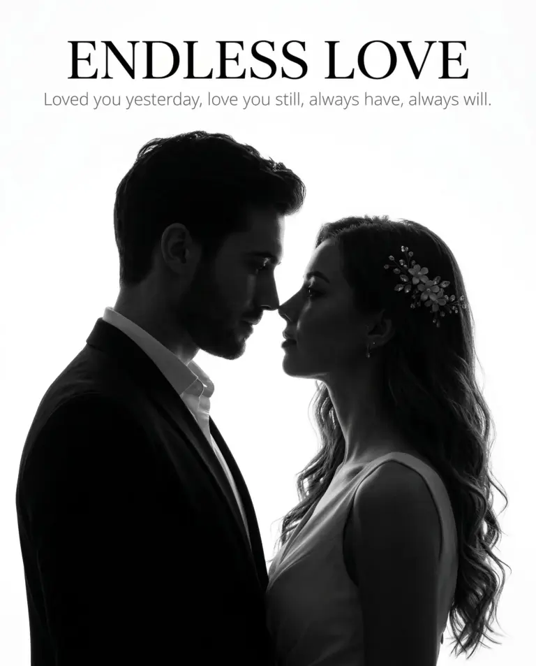 Couple Silhouette AI Photo Editing Prompt. AI generated studio portrait of a man and woman in silhouette profile facing each other against a bright white background featuring romantic typography.