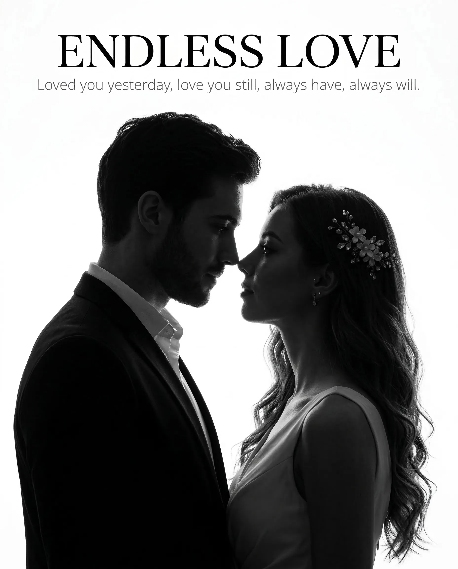 Couple Silhouette AI Photo Editing Prompt. AI generated studio portrait of a man and woman in silhouette profile facing each other against a bright white background featuring romantic typography.