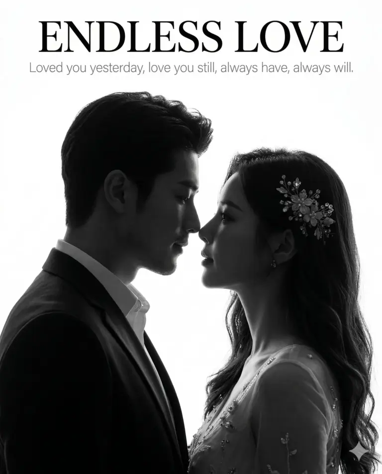 Couple Silhouette Endless Love AI Photo Editing Prompt. AI generated minimalist studio portrait of a man and woman in profile facing each other against a white background with romantic "Endless Love" typography.