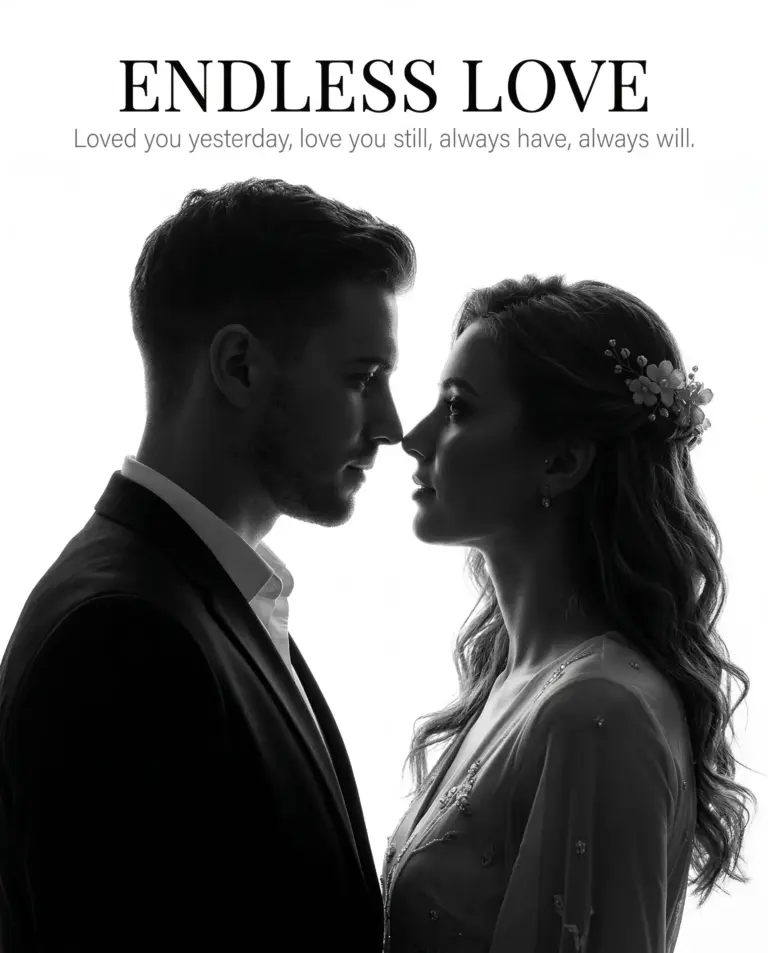Couple Silhouette Portrait AI Photo Editing Prompt. AI generated studio portrait of a man and woman in a romantic silhouette profile against a white background with "Endless Love" text.