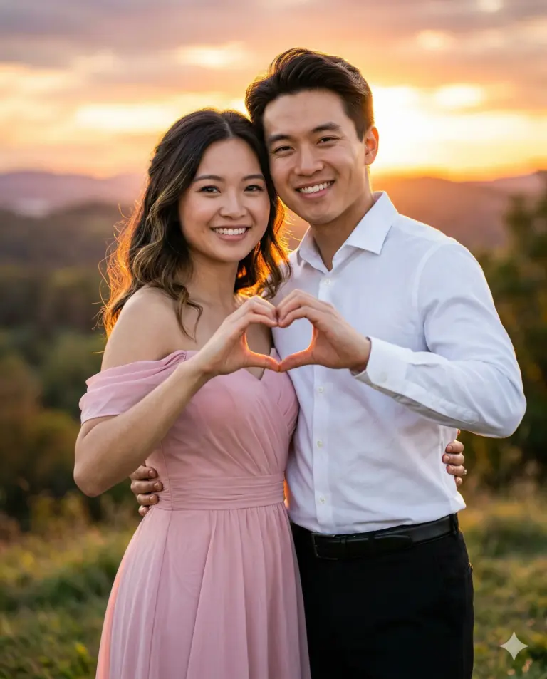 Couple Making Heart Shape at Sunset Photography Prompt. AI generated portrait of a smiling young couple in formal attire posing outdoors during golden hour while forming a heart with their hands.