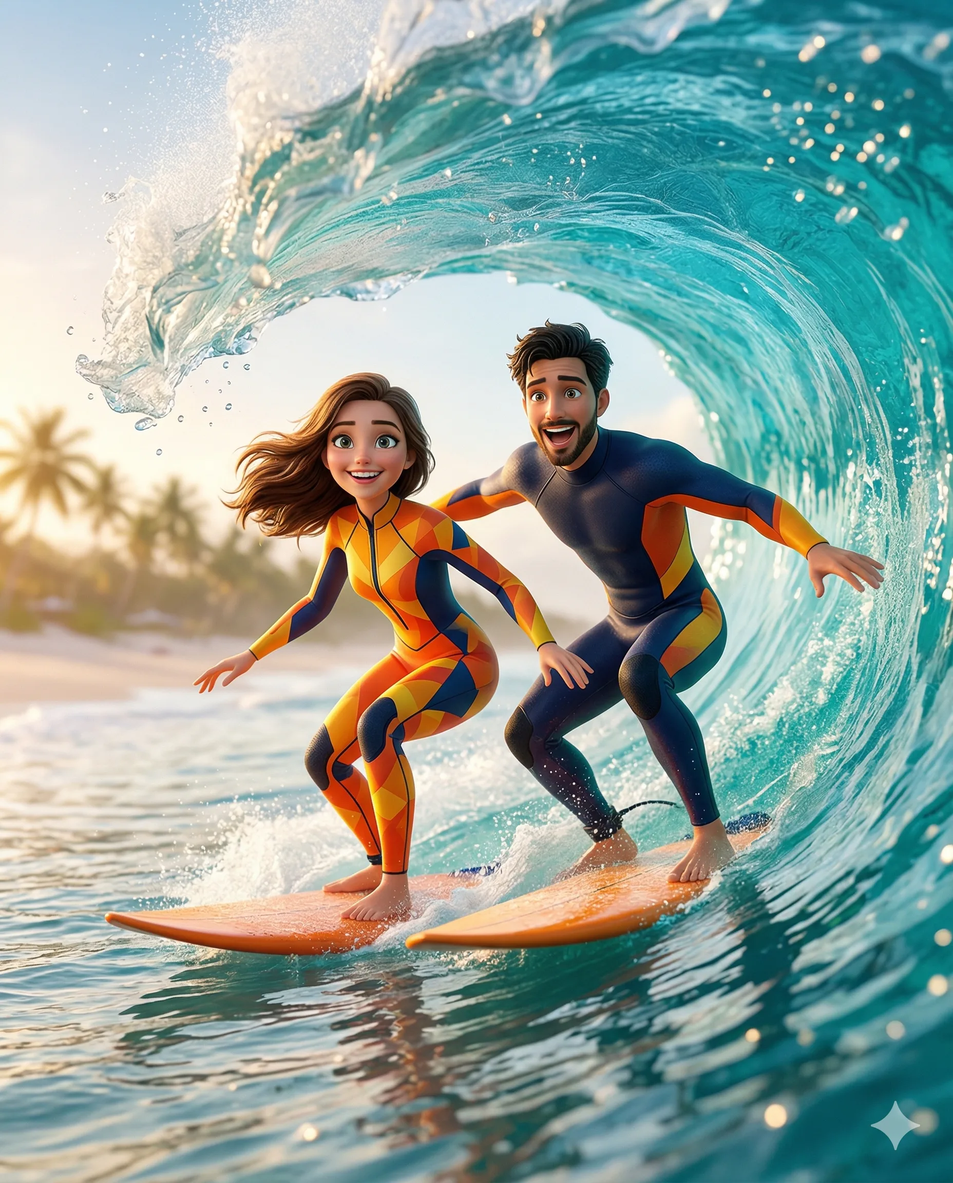 Gemini said Couple Surfing on a Wave AI Photo Editing Prompt. AI generated 3D digital illustration of a happy man and woman in colorful wetsuits surfing together inside the barrel of a turquoise ocean wave.