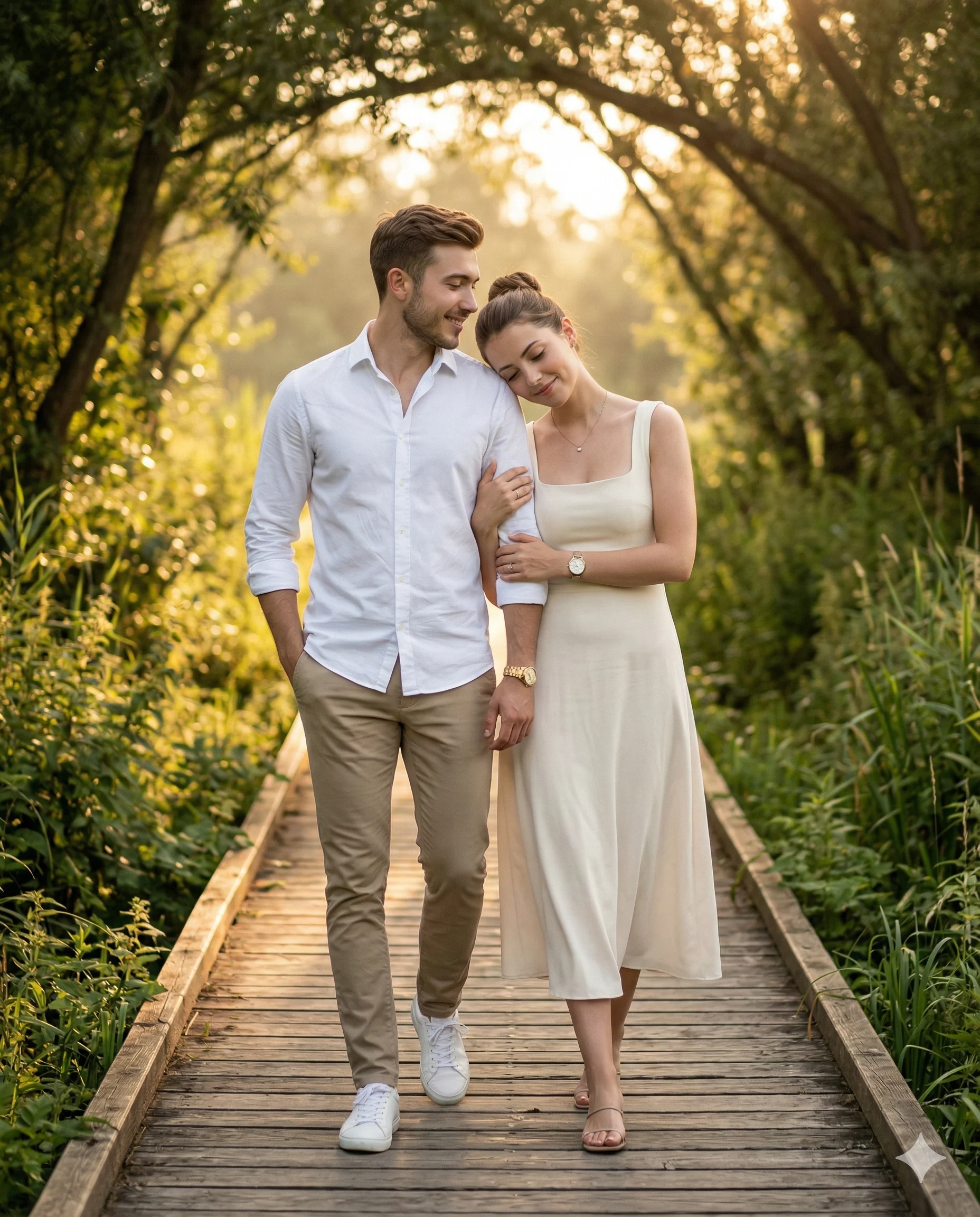 Romantic Couple on Boardwalk AI Photo Editing Prompt. AI generated lifestyle portrait of a man in a white shirt and a woman in a cream dress walking together on a wooden path surrounded by sunlit greenery.