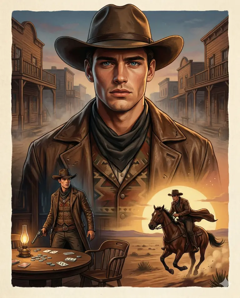 AI generated digital illustration of a cowboy in a duster coat, featuring a poker standoff and a sunset horse ride montage.