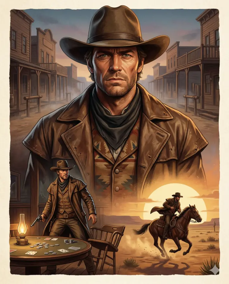 Rugged Cowboy Western Montage AI Photo Editing Prompt. AI generated digital illustration of a rugged cowboy in a duster coat featuring a central portrait alongside scenes of a poker game and a horse ride in a Wild West town.