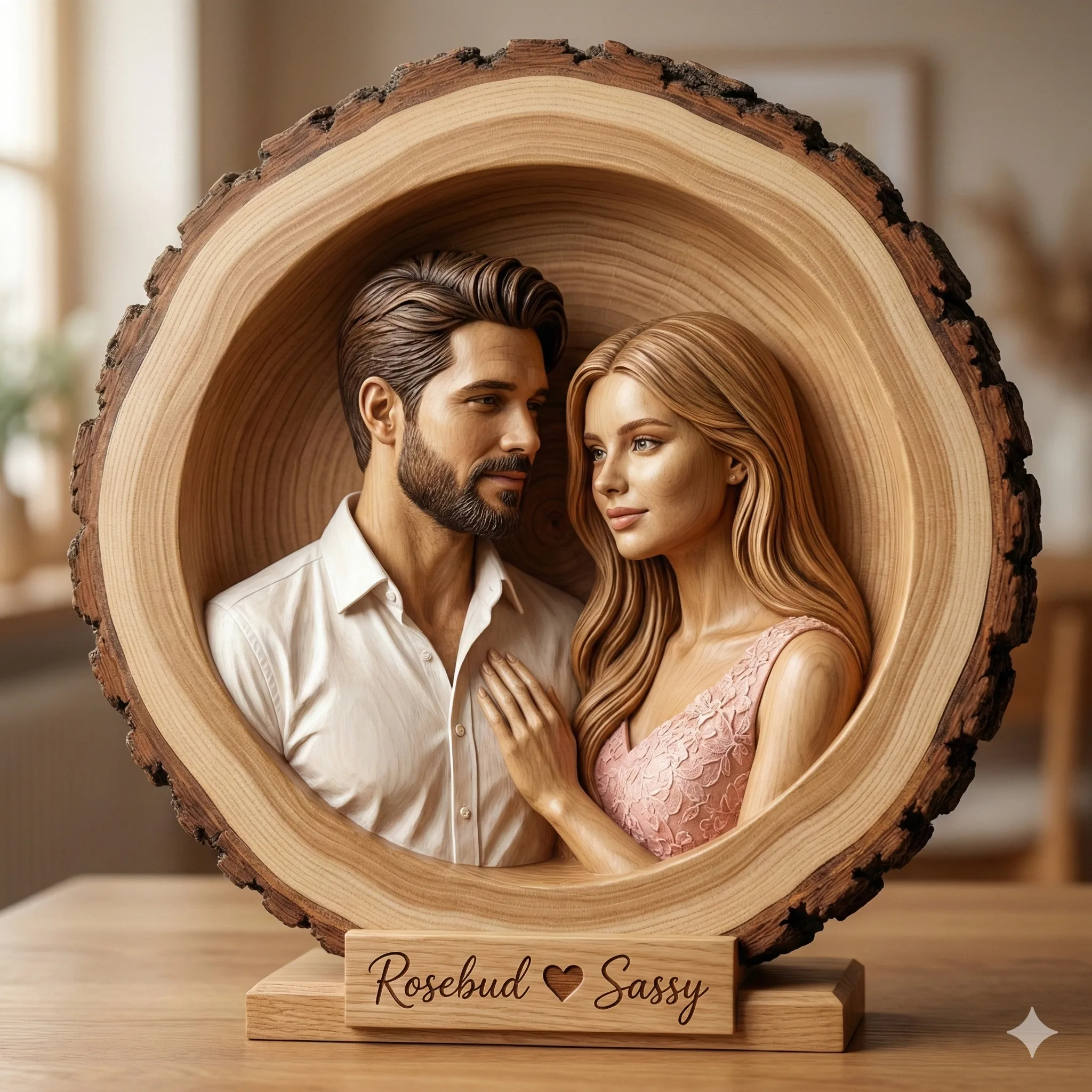 A detailed wooden carving of a couple inside a log slice, with "Rosebud ❤️ Sassy" on the base plaque.