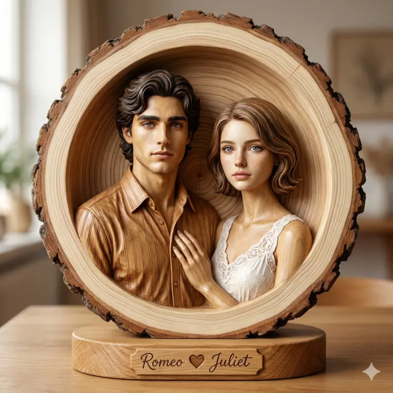 Realistic 3D wood carving of Romeo and Juliet inside a hollowed tree trunk. Features intricate grain textures, a nameplate base, and a warm, hand-crafted aesthetic.